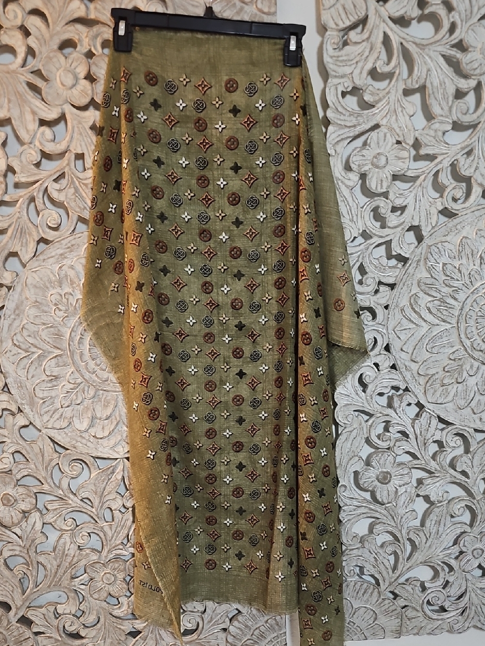 Olive Green Patterned Scarf with Metallic Accents